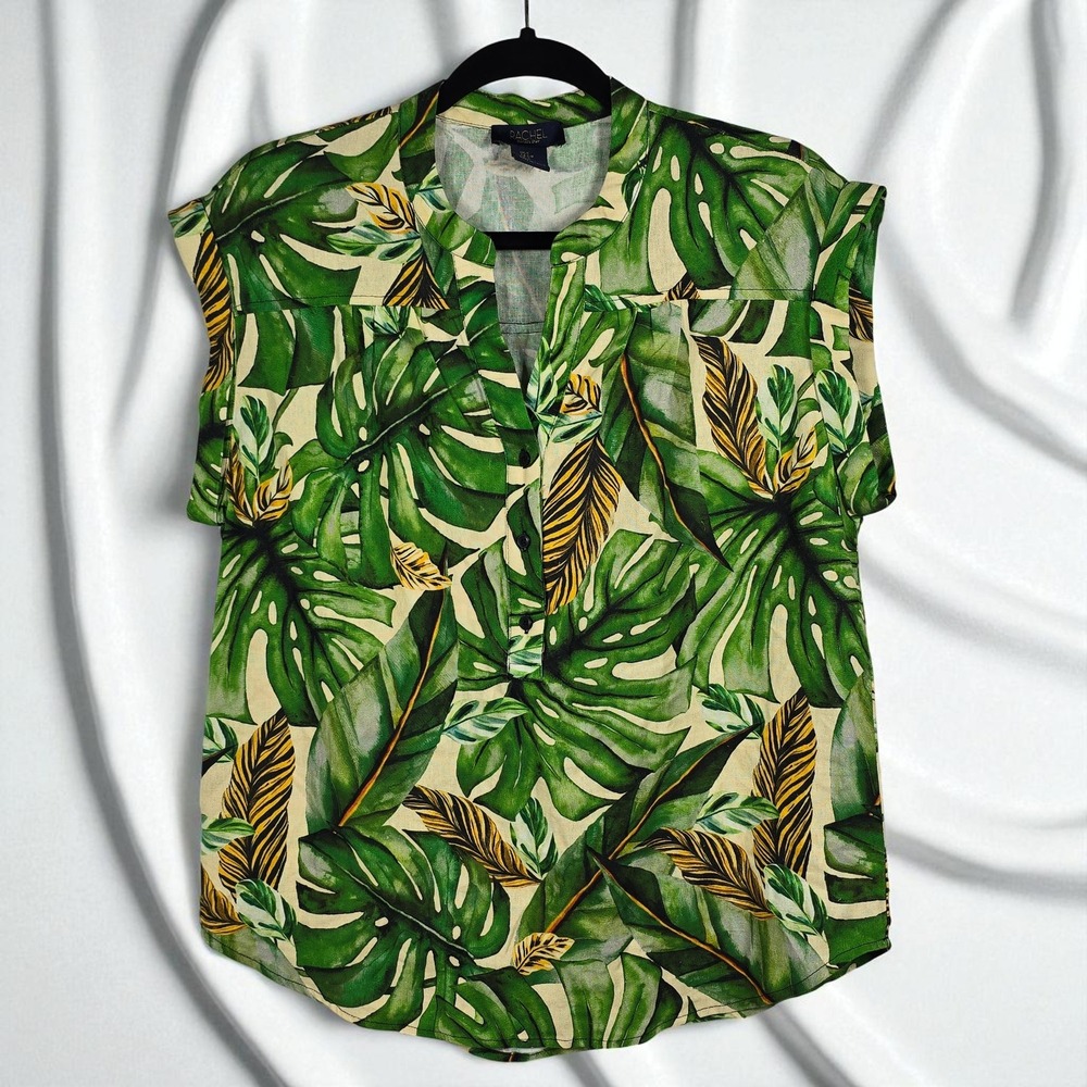 Rachel Roy Palm Print Top Sleeveless Blouse‎ Tropical Green Linen Blend S